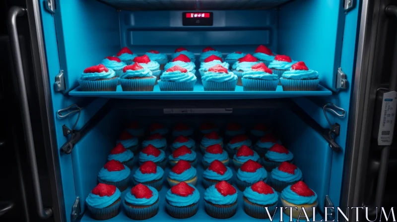 Blue and Red Themed Refrigerator with Cupcakes | Abstract Art AI Image