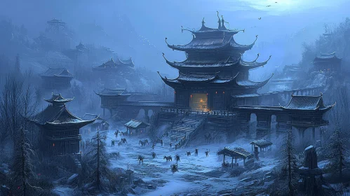Chinese Winter Village Scene: Snowy Mountains & Traditional Architecture
