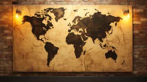 Wooden World Map on Brick Wall with Vintage Lighting