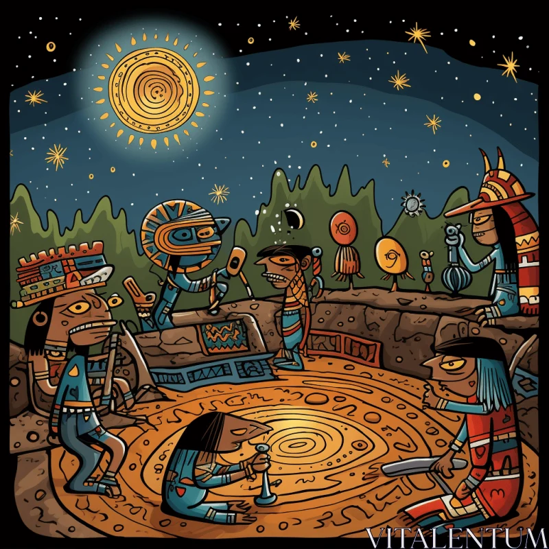 Captivating Night Illustration Inspired by Mayan Art and Architecture AI Image