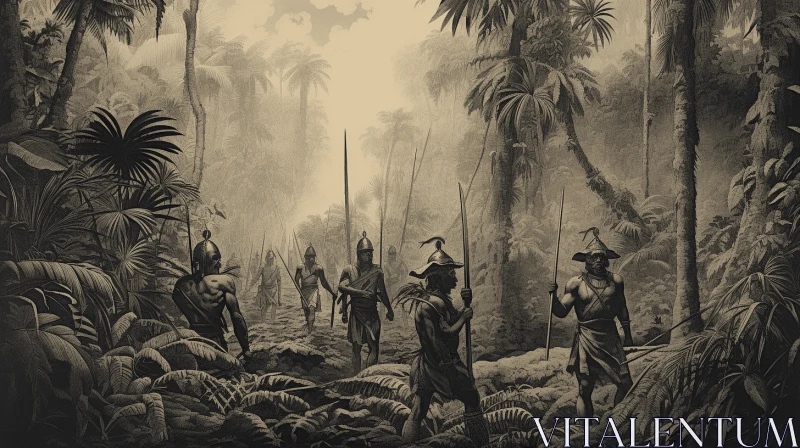 Mysterious Jungle Soldiers - Black and White Illustration AI Image