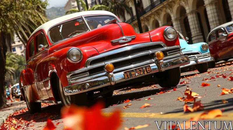 Vintage Red Chevrolet Bel Air on Autumn Street AI Image