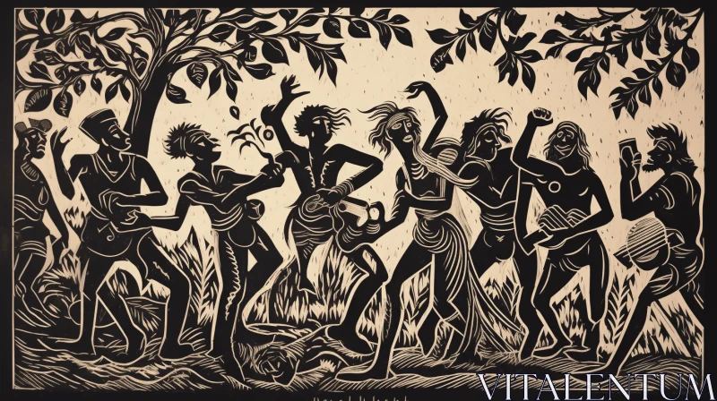 Black and White Drawing of Dancing People in Tropical Symbolism Style AI Image