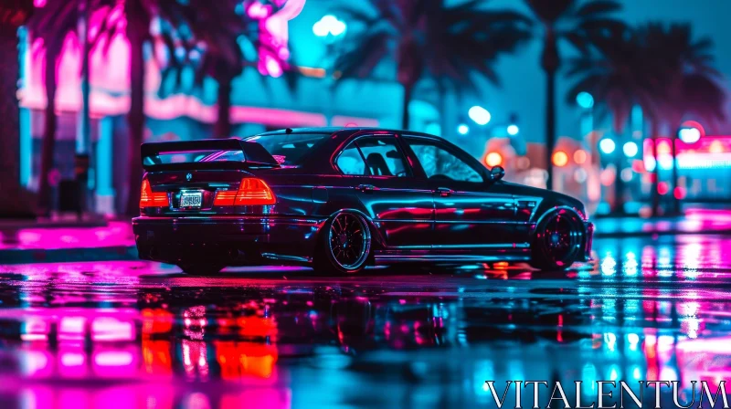 Black BMW Car Parked on Wet Street at Night - Cyberpunk Urban Scene AI Image