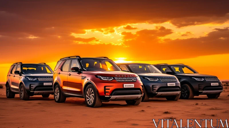 Land Rover Discovery SUVs in Desert Sunset AI Image
