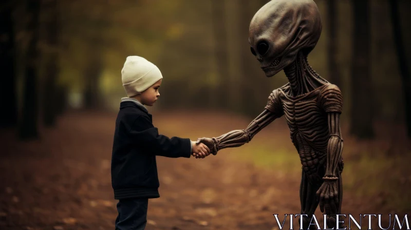 AI ART Unique Encounter: Boy and Alien Shake Hands in Enchanting Forest Scene
