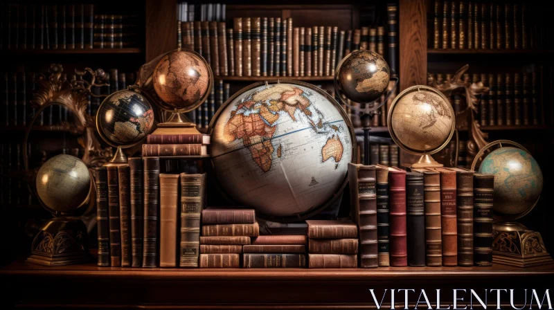 Vintage Library with Books and Globes AI Image