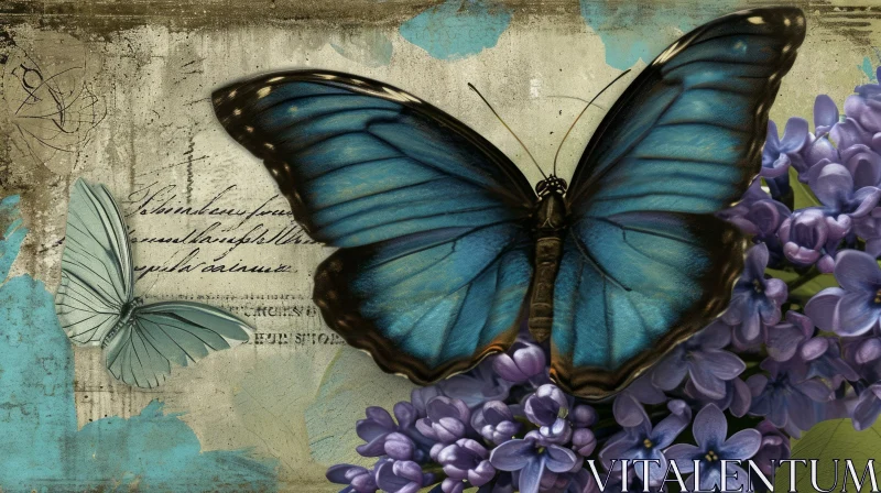 Blue Butterfly and Purple Flowers Watercolor Painting AI Image