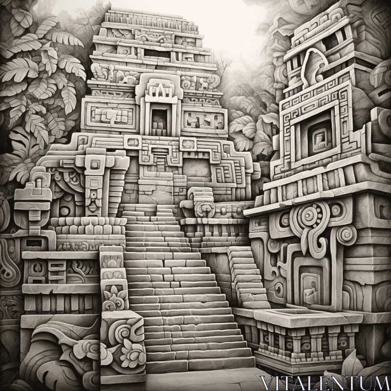 Captivating Drawing of an Ancient Aztec Temple with Stairs AI Image