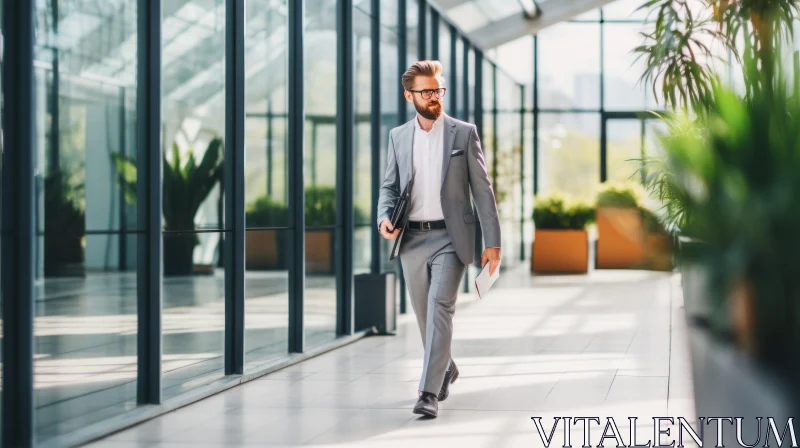 Confident Businessman Walking in Office Corridor AI Image