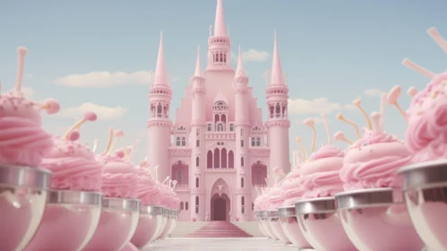 Enchanting 3D Pink Castle Rendering with Path and Cupcakes