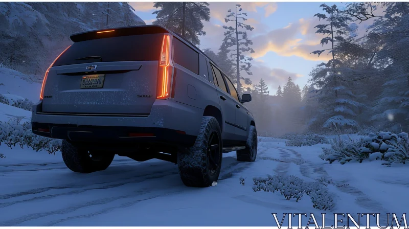 White Cadillac Escalade Driving on Snowy Road at Sunset AI Image