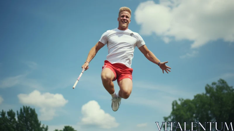 Young Male Athlete Jumping with Pole in Green Field AI Image