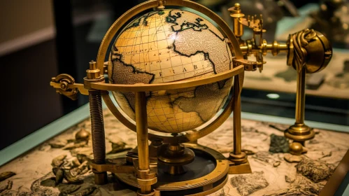 Antique Brass and Wood Globe with Detailed World Map