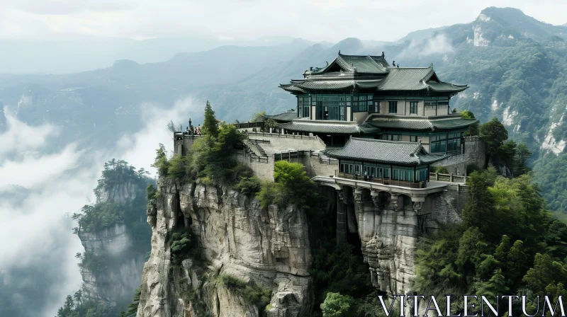 Enchanting Chinese-Style Palace on Cliff with Mountain Views AI Image