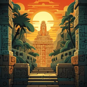 Mystical Mayan Temple Illustration in Lush Jungle | Intricate Coded Patterns