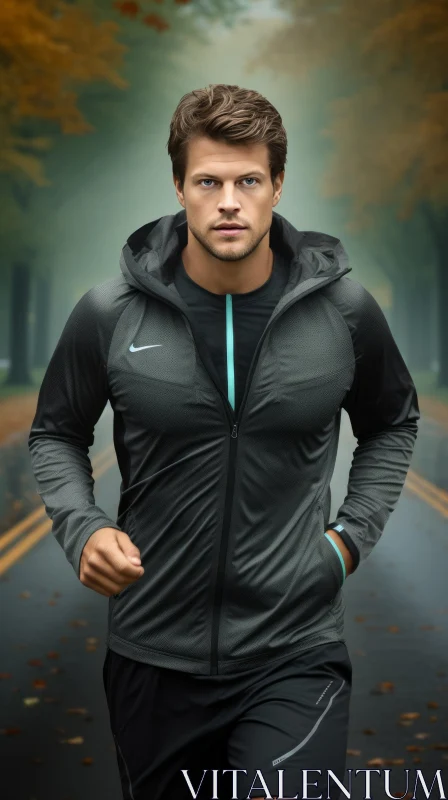 Stylish Male Model Running on Asphalt Road AI Image