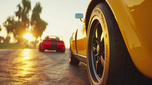 Yellow Sports Car at Sunset on Asphalt Road