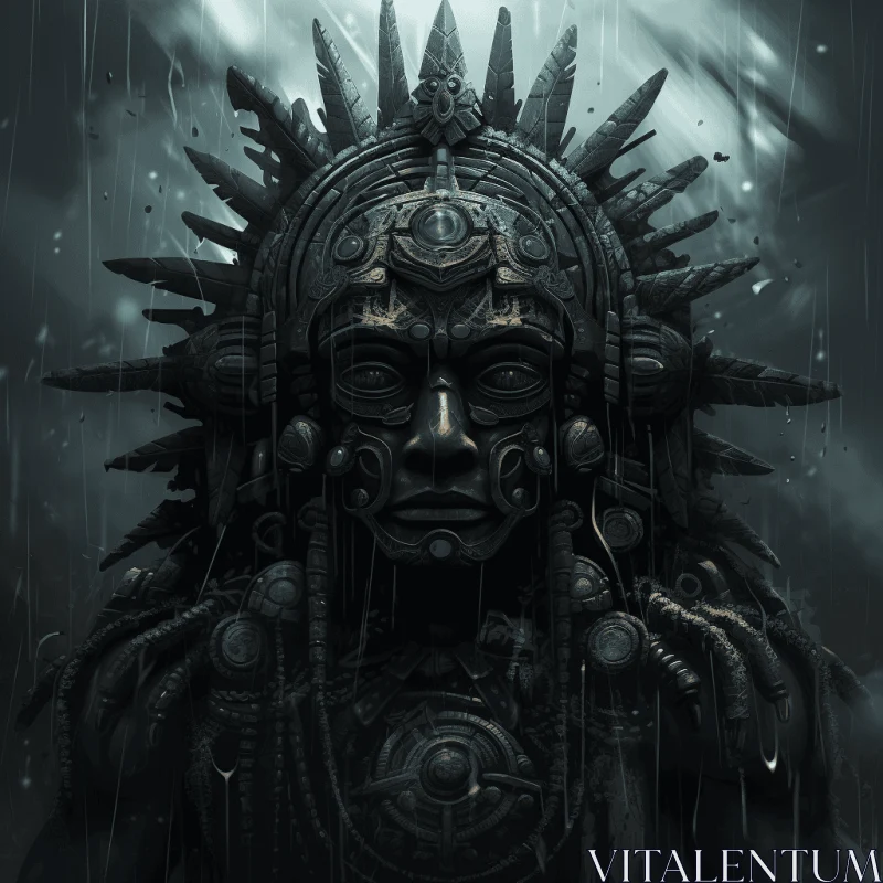 Ancient Head in the Rain: Dark and Intricate Artwork AI Image