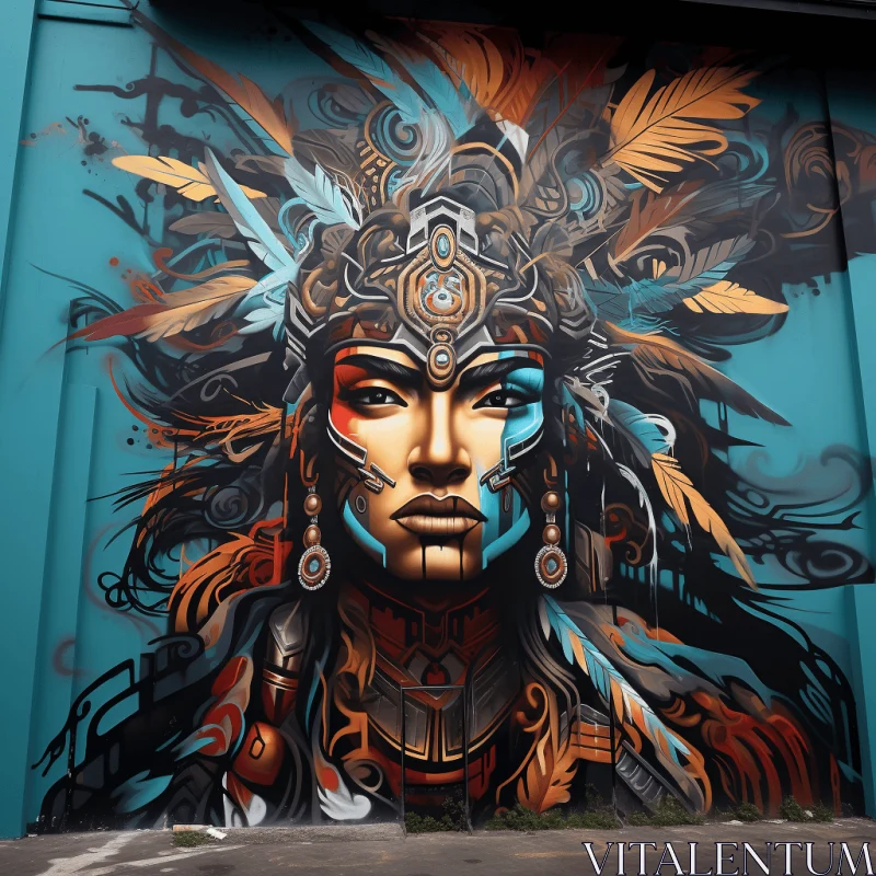 Captivating Street Mural: Indigenous Woman with Feather Headdress AI Image