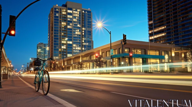 City Street Night Scene with Parked Bicycle and Tall Building AI Image