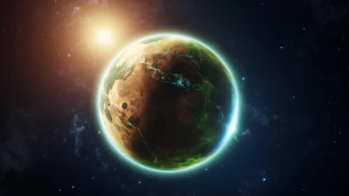 Enigmatic Alien Planet Landscape - Glowing Atmosphere & Bright Sun