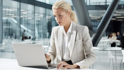 Modern Businesswoman in White Suit Jacket at Office Table