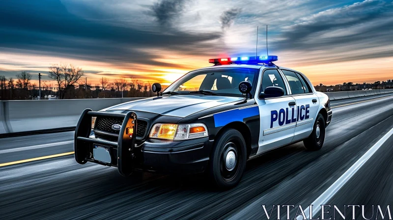 Police Car with Flashing Lights on Highway at Sunset AI Image