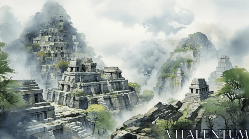 AI ART Ancient City Scene with Grandiose Ruins and Enchanting Watercolors