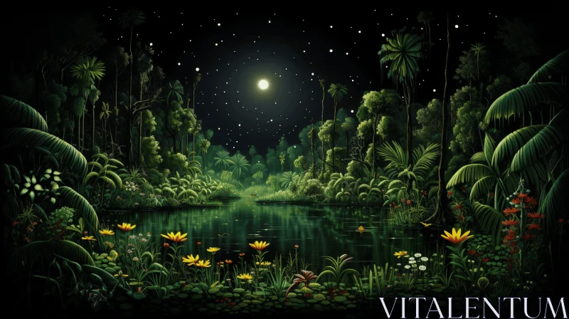 Captivating Tropical Rainforest Painting at Night | Lush Botanical Illustrations AI Image