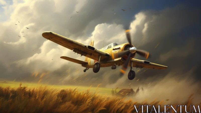 Yellow Airplane Flying Over Wheat Field - Sunlit Sky View AI Image