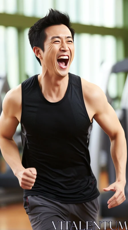 Young Asian Man Running on Treadmill in Gym AI Image