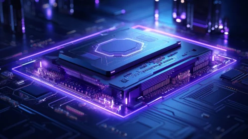 Computer Chip 3D Rendering on Circuit Board | Blue and Black | Purple Light
