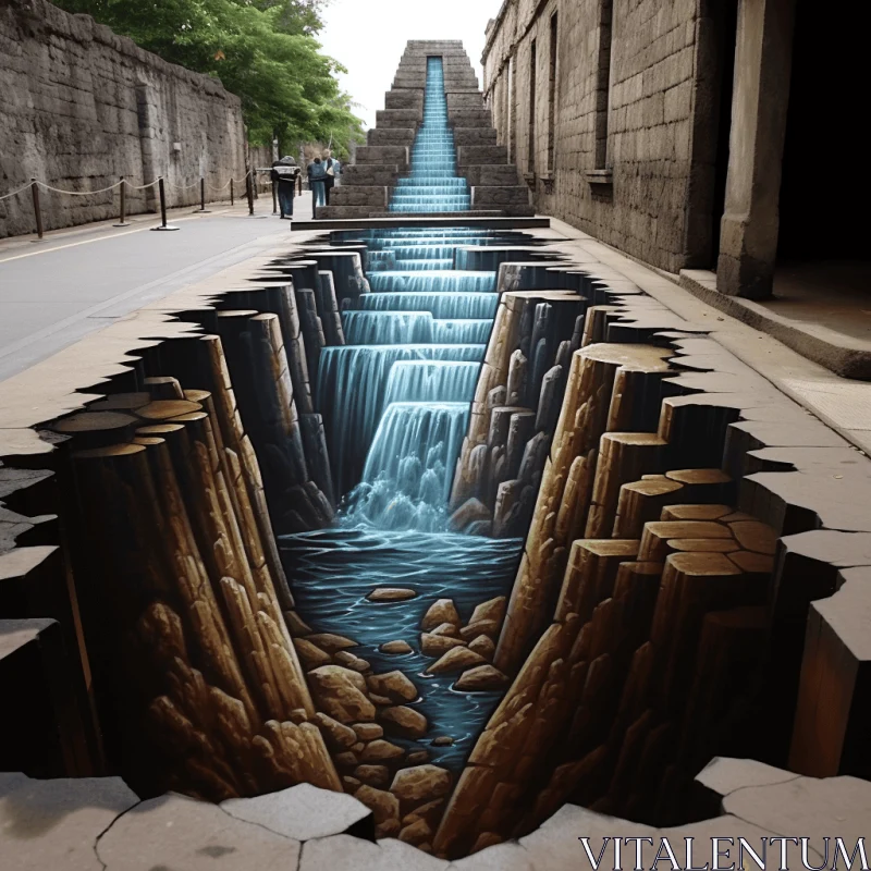 Captivating 3D Street Art: A Flowing Waterfall of Optical Illusions AI Image
