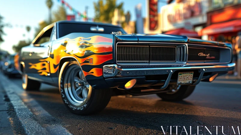Classic Black Muscle Car with Flame Paint Job on City Street AI Image