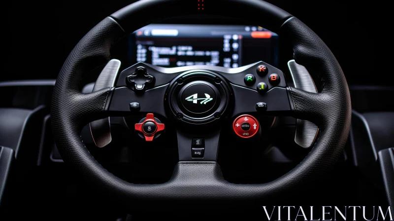 Black Racing Steering Wheel with Red Buttons and Leather Finish AI Image