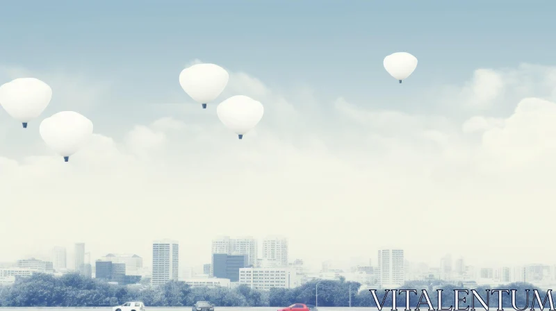 Cityscape with Heart-Shaped Hot Air Balloon AI Image