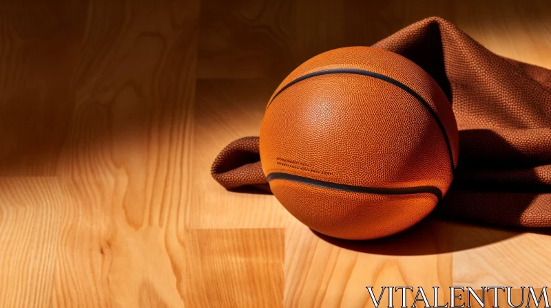 Close-up Basketball on Wooden Court Floor AI Image