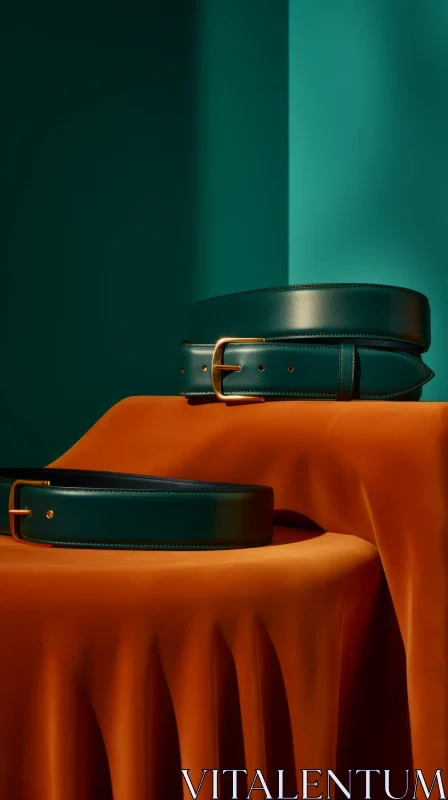 Luxurious 3D Rendering of Green Leather Belts with Gold Buckles AI Image