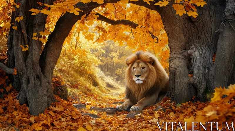 Majestic Lion in Autumn Forest AI Image