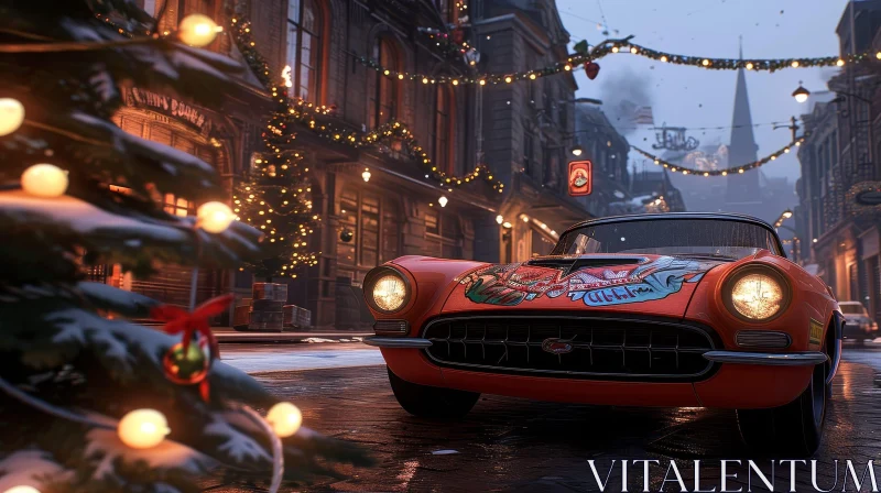 Enchanting Christmas Scene with Retro Car on Snowy Street AI Image