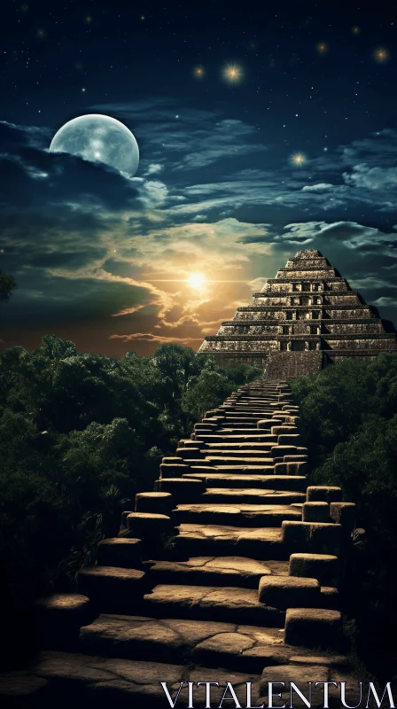 Nighttime Pyramid: Exotic Fantasy Landscape Inspired by Mayan Art and Architecture AI Image