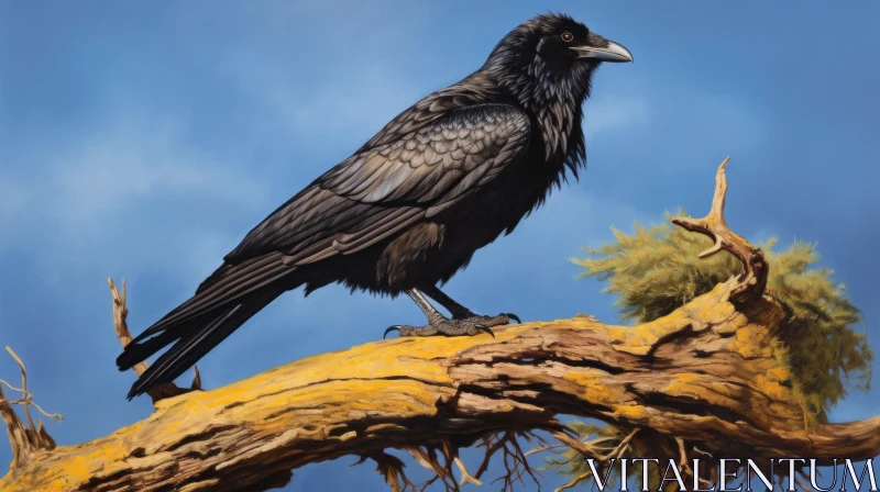 Realistic Painting of Raven on Branch Against Blue Sky AI Image
