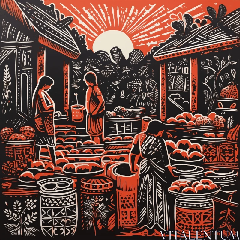 Traditional Print: People Going to the Market | Linocut Prints AI Image