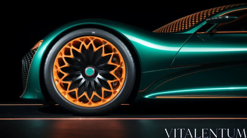 AI ART Unique Dark Green Sports Car with Intricate Orange Wheel Design