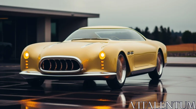 Vintage Yellow Classic Car on Wet Asphalt Road AI Image