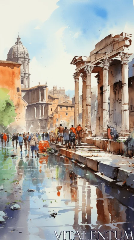 AI ART Watercolor Painting of Humans in Ancient Rome - Lively Street Scenes