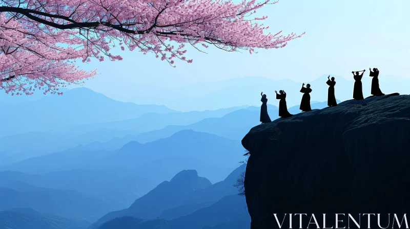 Serene Japanese Mountain Landscape with Cherry Blossom Tree AI Image