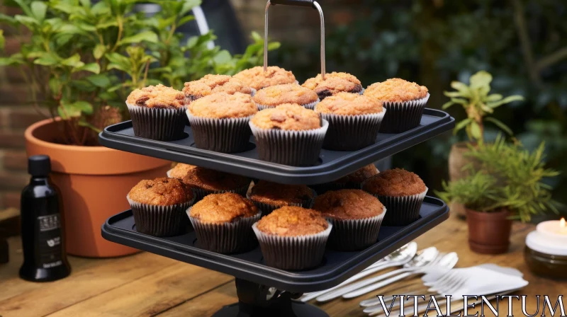 Elegant Cupcake Stand with Chocolate Chip Muffins on Wooden Table AI Image