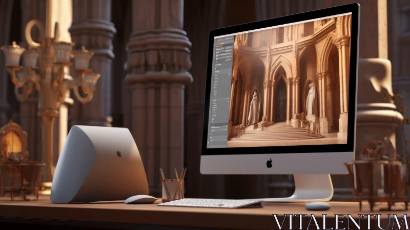 Realistic Computer Desk Render with iMac Displaying Cathedral Image AI Image
